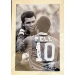 Football. Pele Signed 33x23 Black and white printed photo, Matted. Photo shows Pele giving