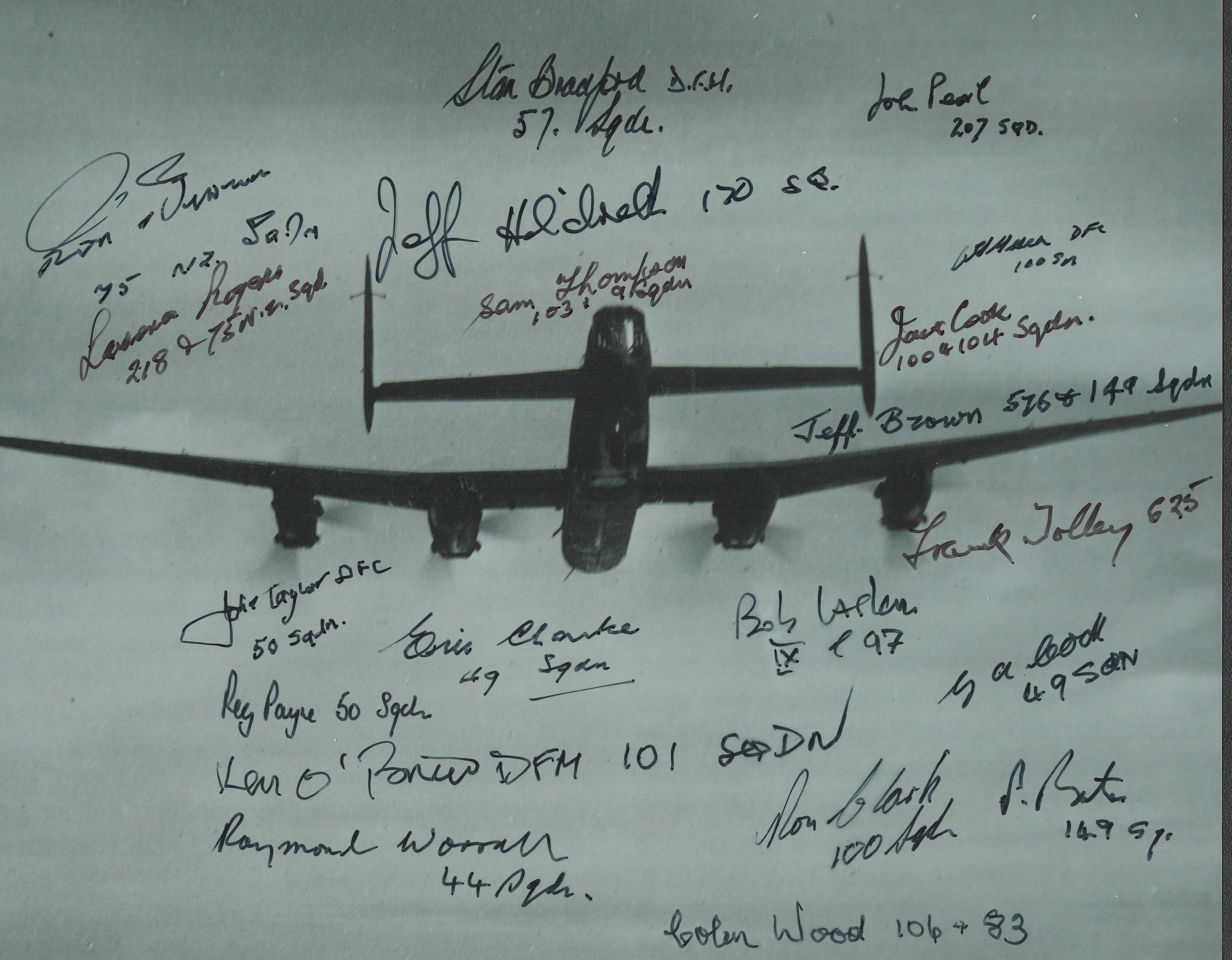 World War II Lancaster 10x8 black and white photo signed by 20 bomber command veterans includes F/