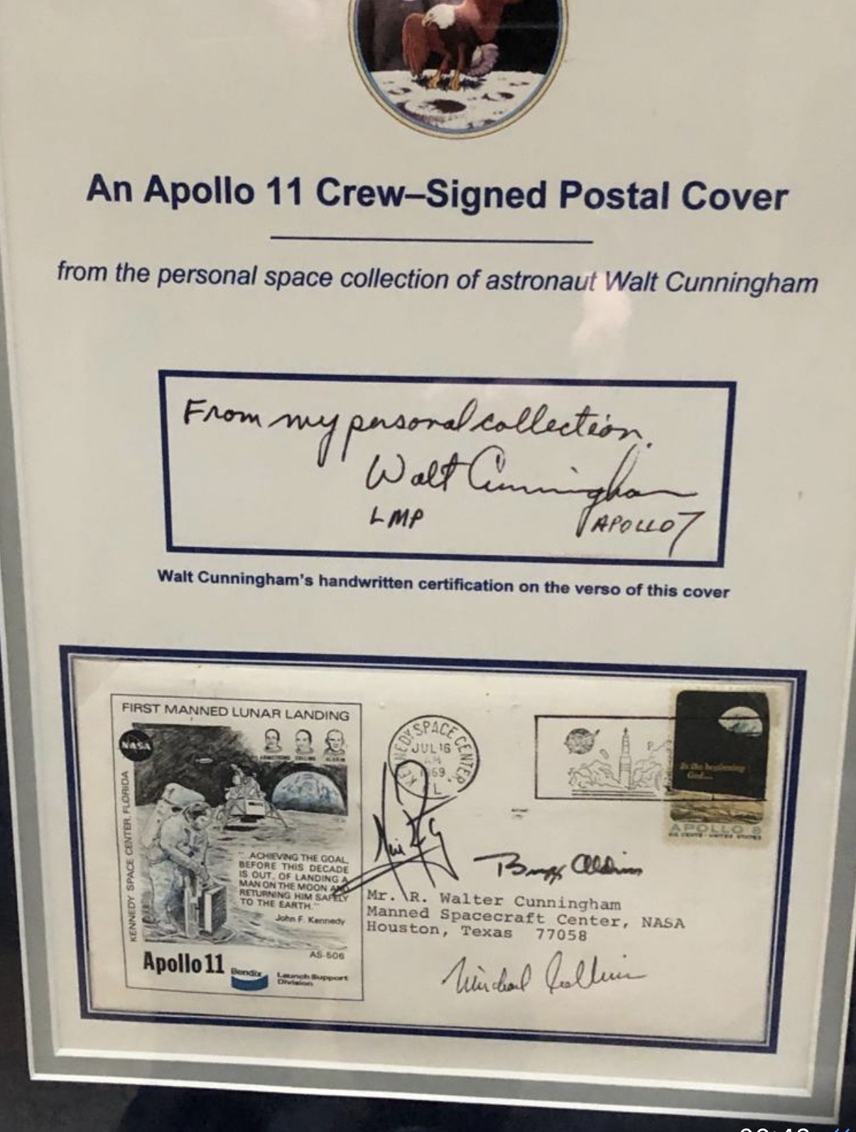 Apollo 11 crew signed FDC framed and mounted. From Apollo Astronaut Walt Cunningham's personal - Image 2 of 3