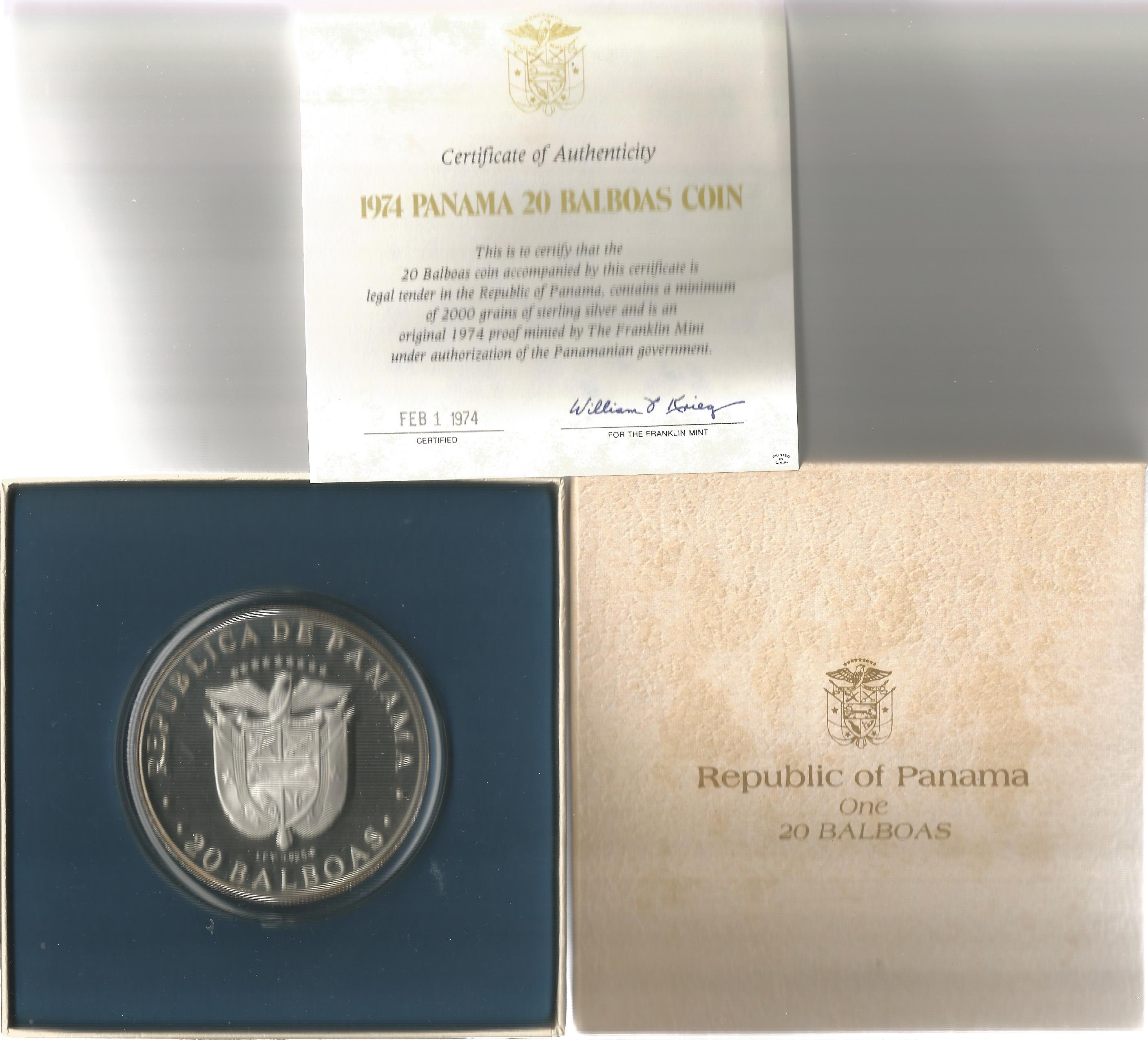 Republic of Panama 20 Balboas Silver Coin, in a Presentation Box with Certificate of Authenticity