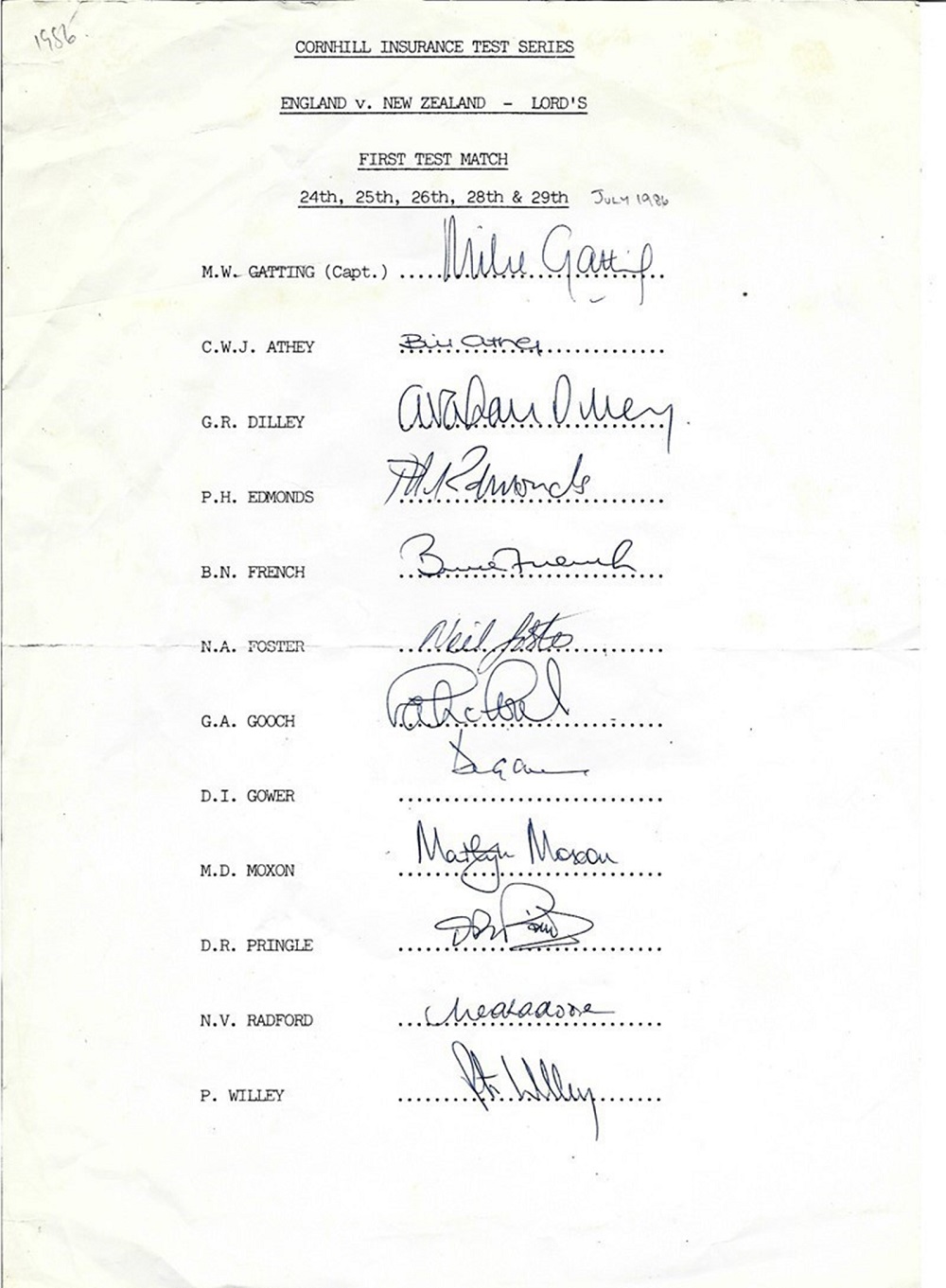 Cricket 1986 England multi signed Team Sheet for The Cornhill Insurance Test Series England v New Ze