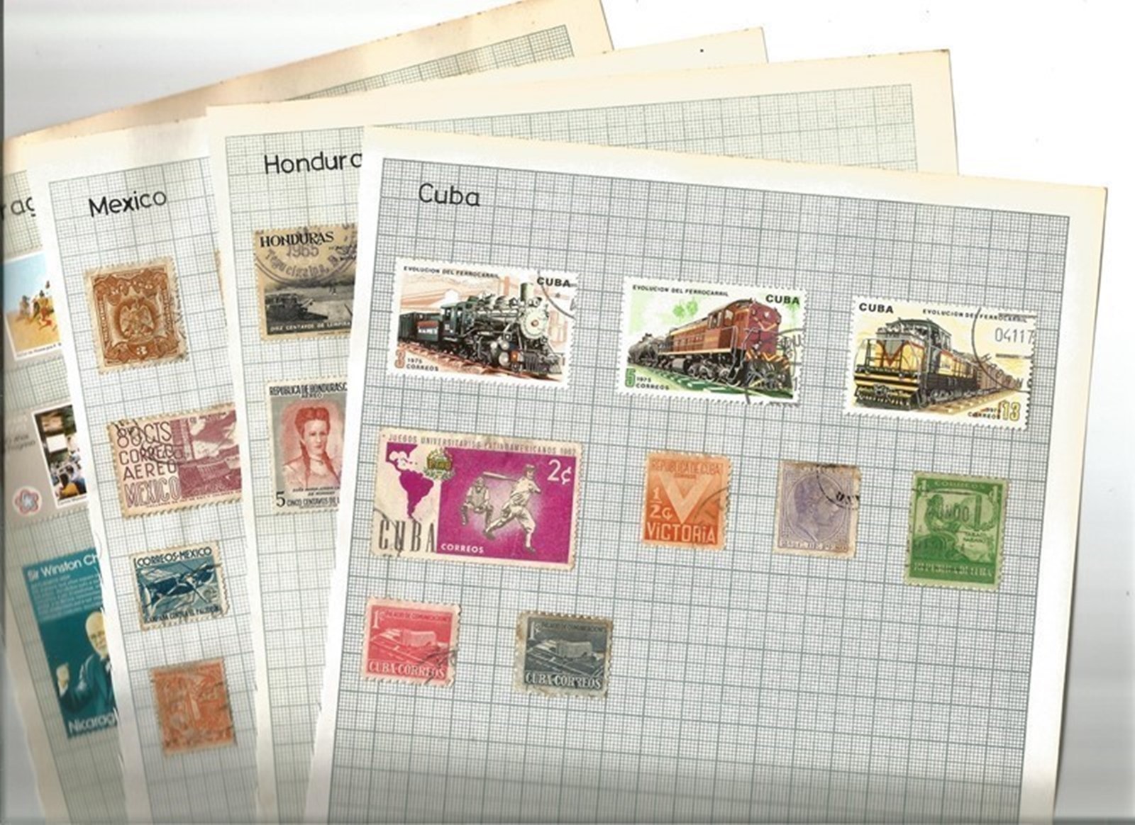 American stamp collection on 17 loose pages. Includes Argentina, Chile, Cuba, Mexico and USA. Good c