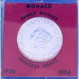 Monaco, Prince Rainier and Princess Grace 1956-1966 10-year marriage coin. Coin showing signs of age