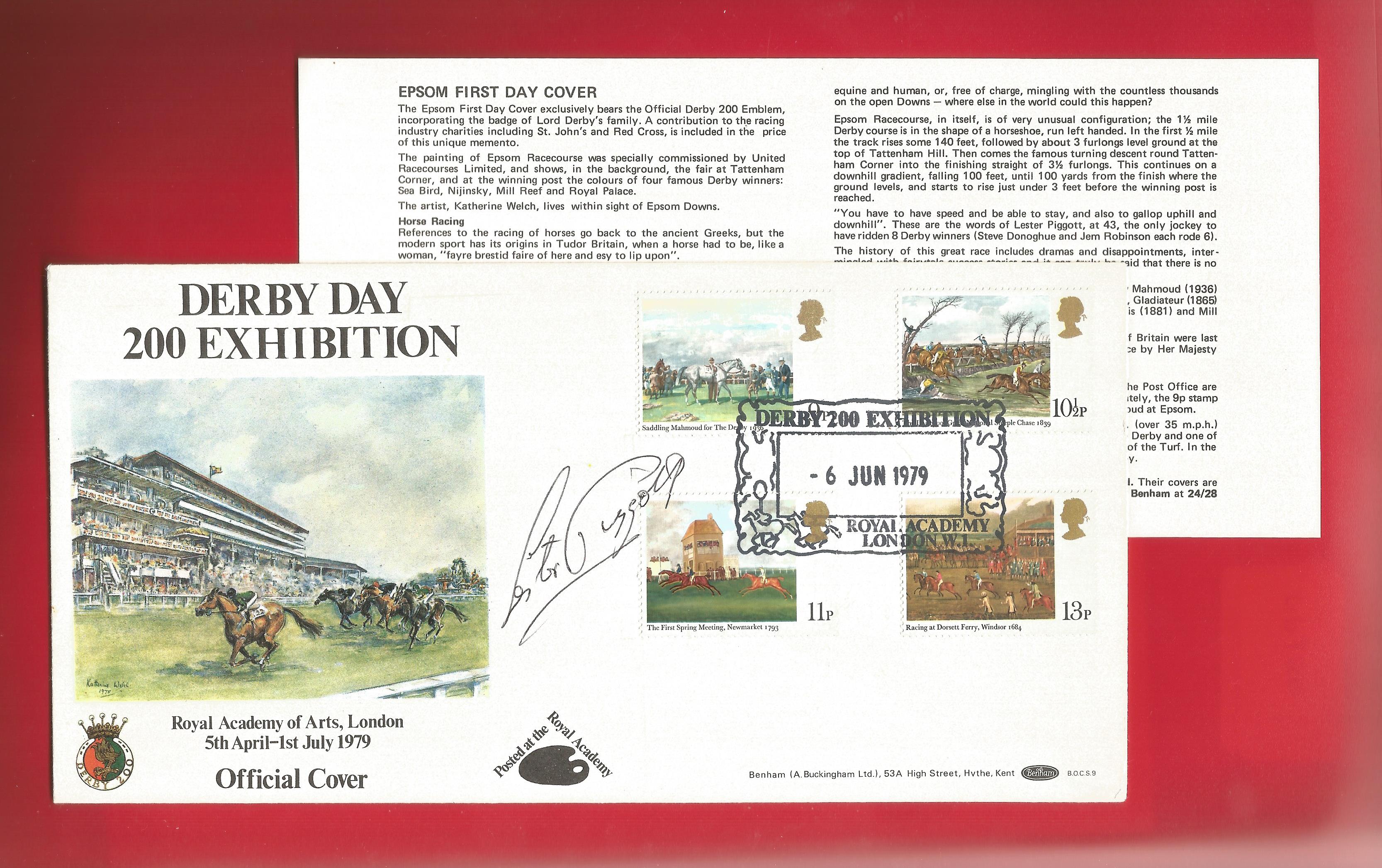 Lester Piggott, legendary jockey signed FDC in honour of Derby Day 200th Exhibition. Postmarked 6th