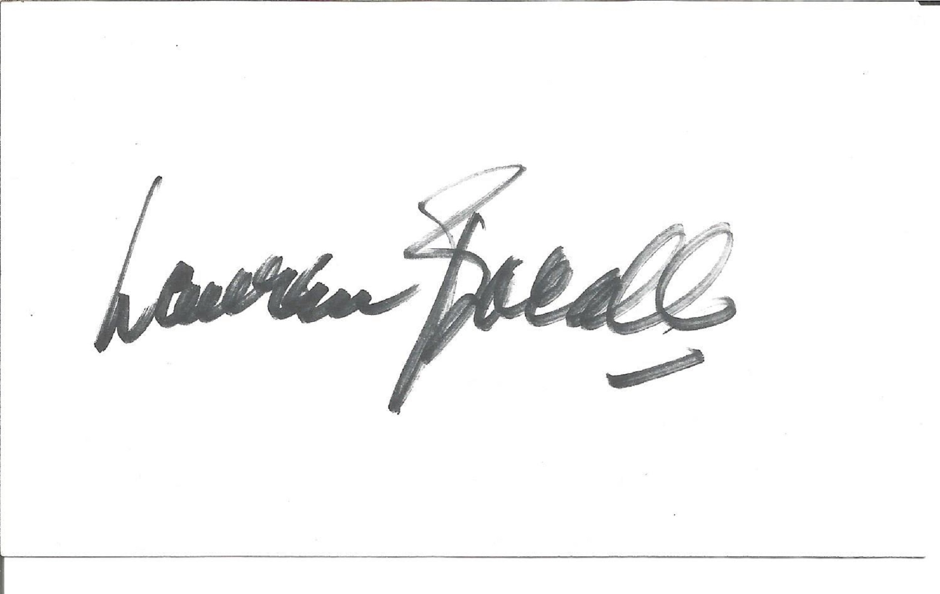 Lauren Bacall signed white card.