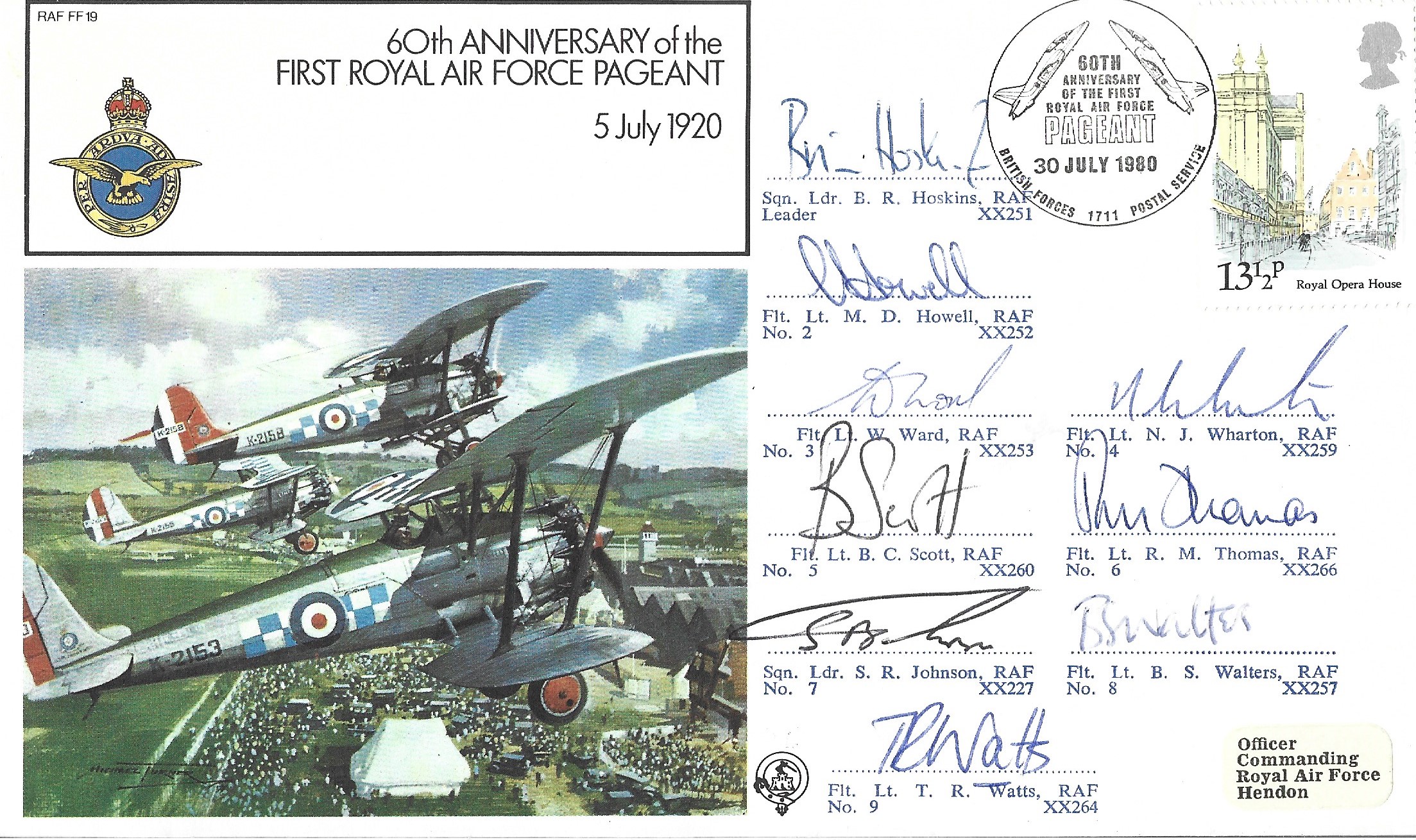 Red Arrows Display team signed 1980 RAF Pageant cover flown by Red Arrows in fly past over London. S