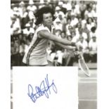 Billie Jean King Signed 6x4 White Card With 10 x 8 inch Black And White Photo. Billie Jean King is