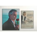 Andrea Bocelli autograph presentation. Mounted with signed tour flyer and one unsigned photo to