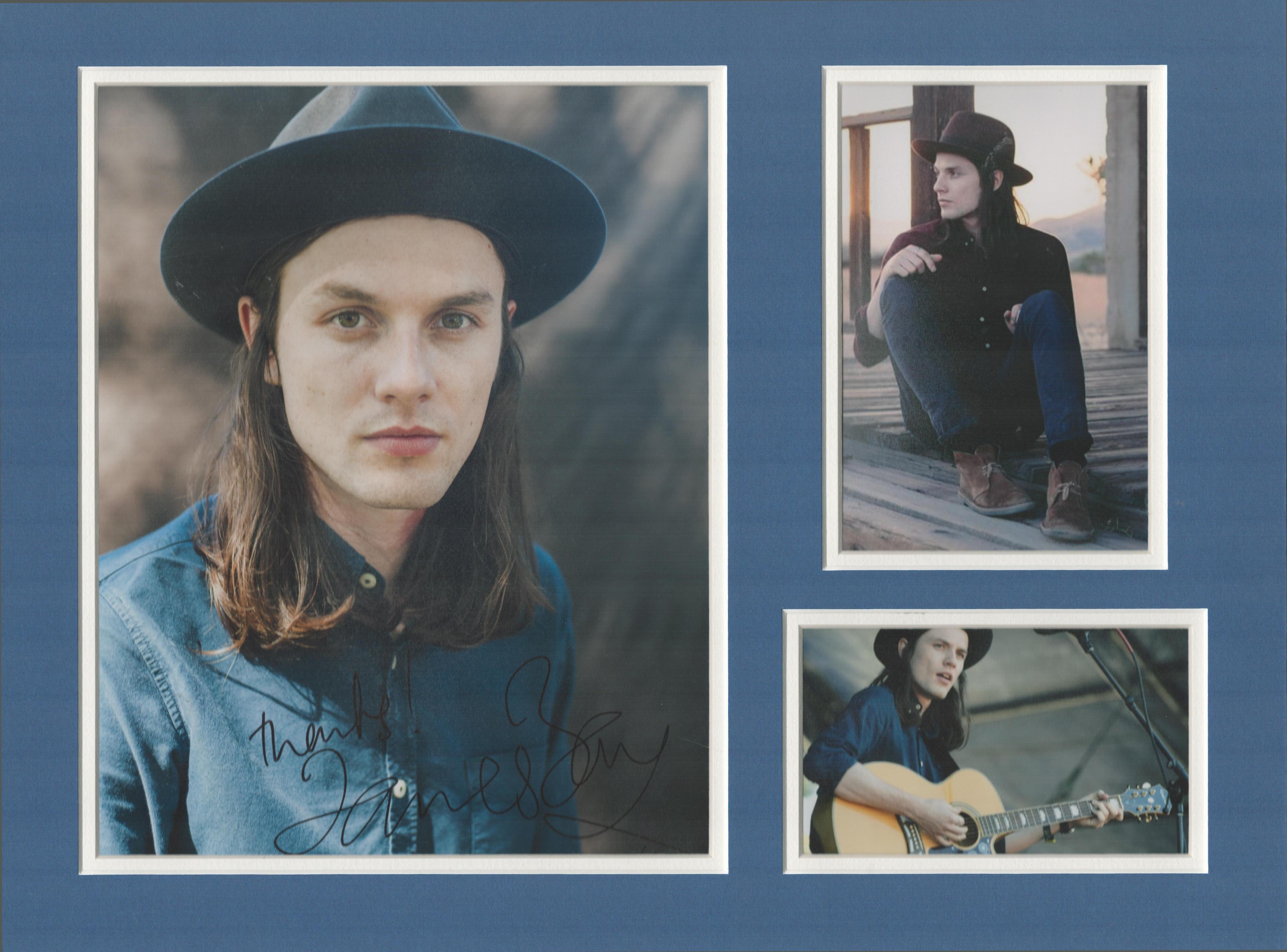 James Bay music, signature piece autograph presentation. Mounted with one signed photo and two