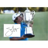 Golf Jason Dufner 12x10 matted signature piece includes image holding the US Open trophy.