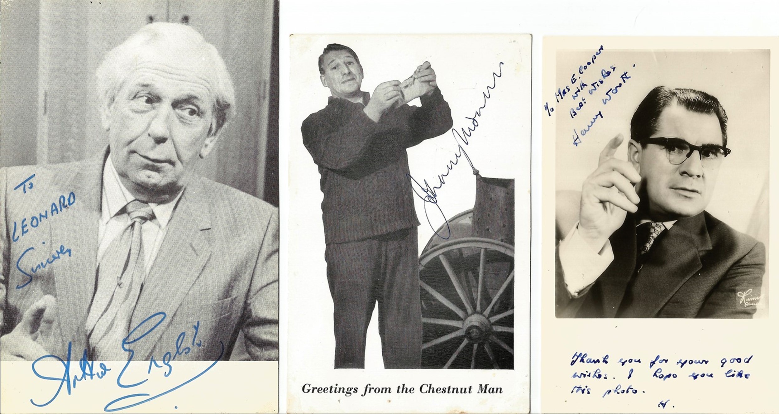 Early UK comedy. 5 signed photos 3 are dedicated of Arthur English, Johnny Morris, Richard Herne