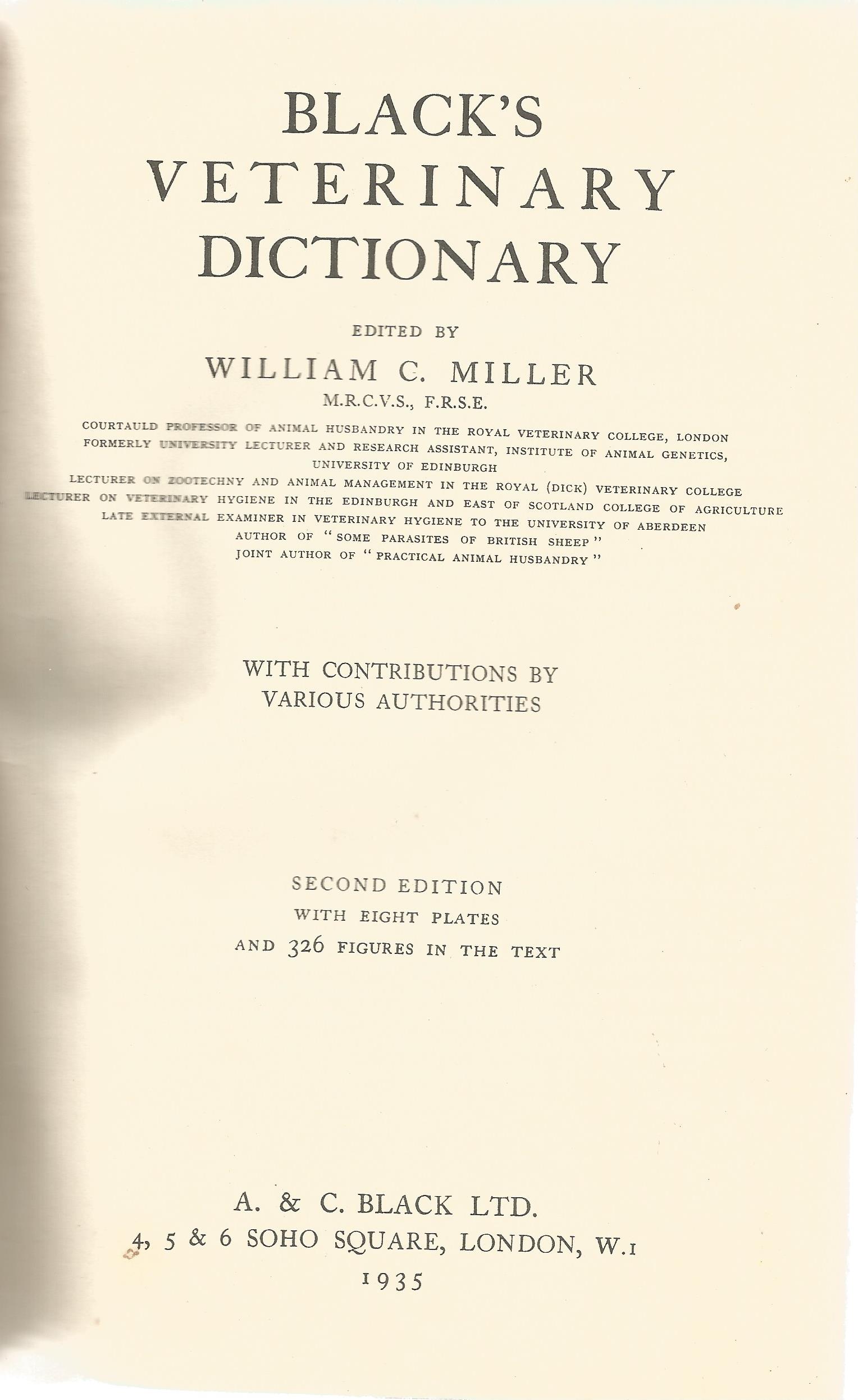 Hardback Book Black's Veterinary Dictionary edited by William C Miller Second Edition 1935 published - Image 2 of 2