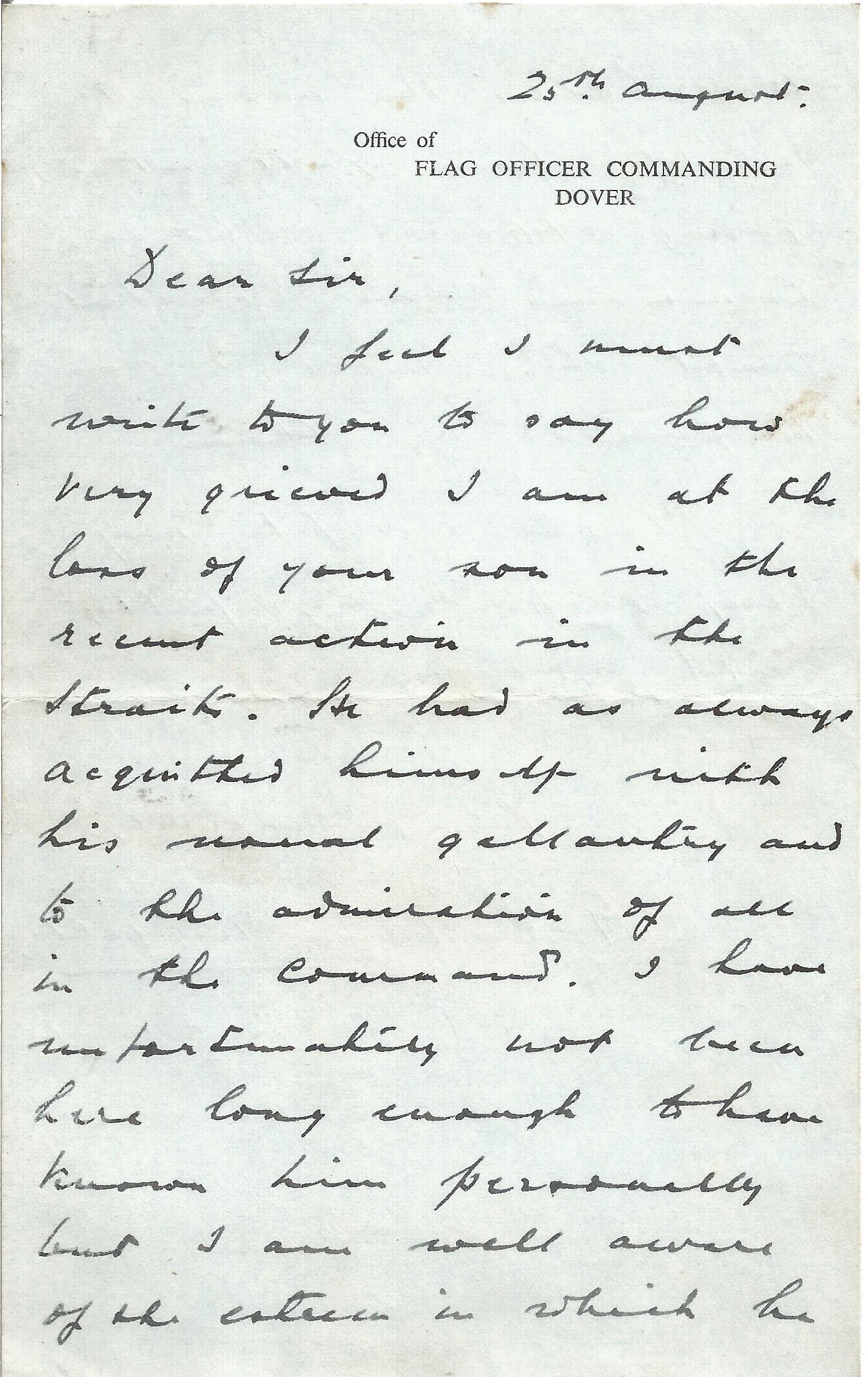 Signed Hand written letter from Admiral Sir Henry Daniel Pridham Wippell Sympathising for the loss