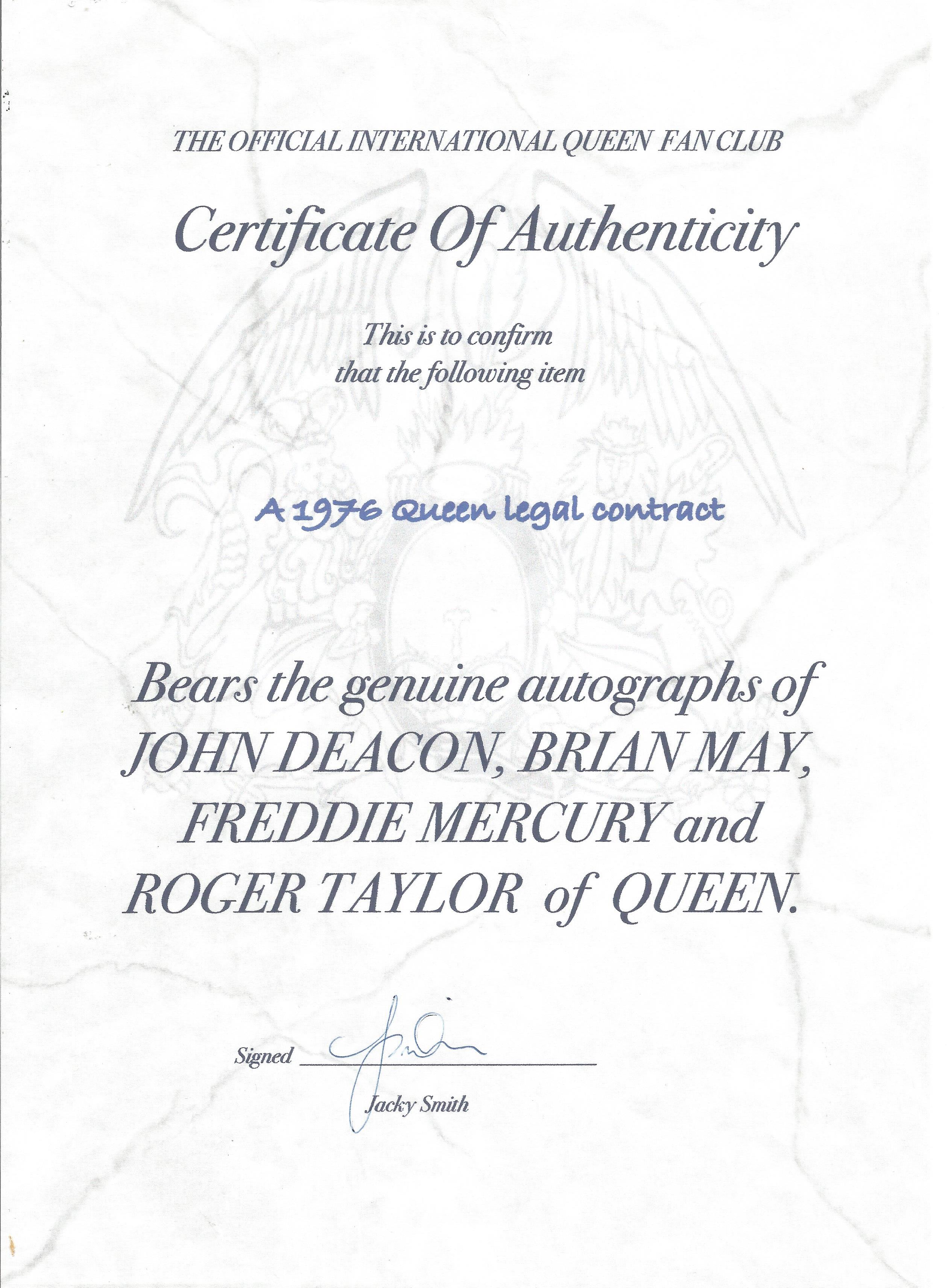 Queen original signed contract 1977 Freddie Mercury Electra records - Image 4 of 4