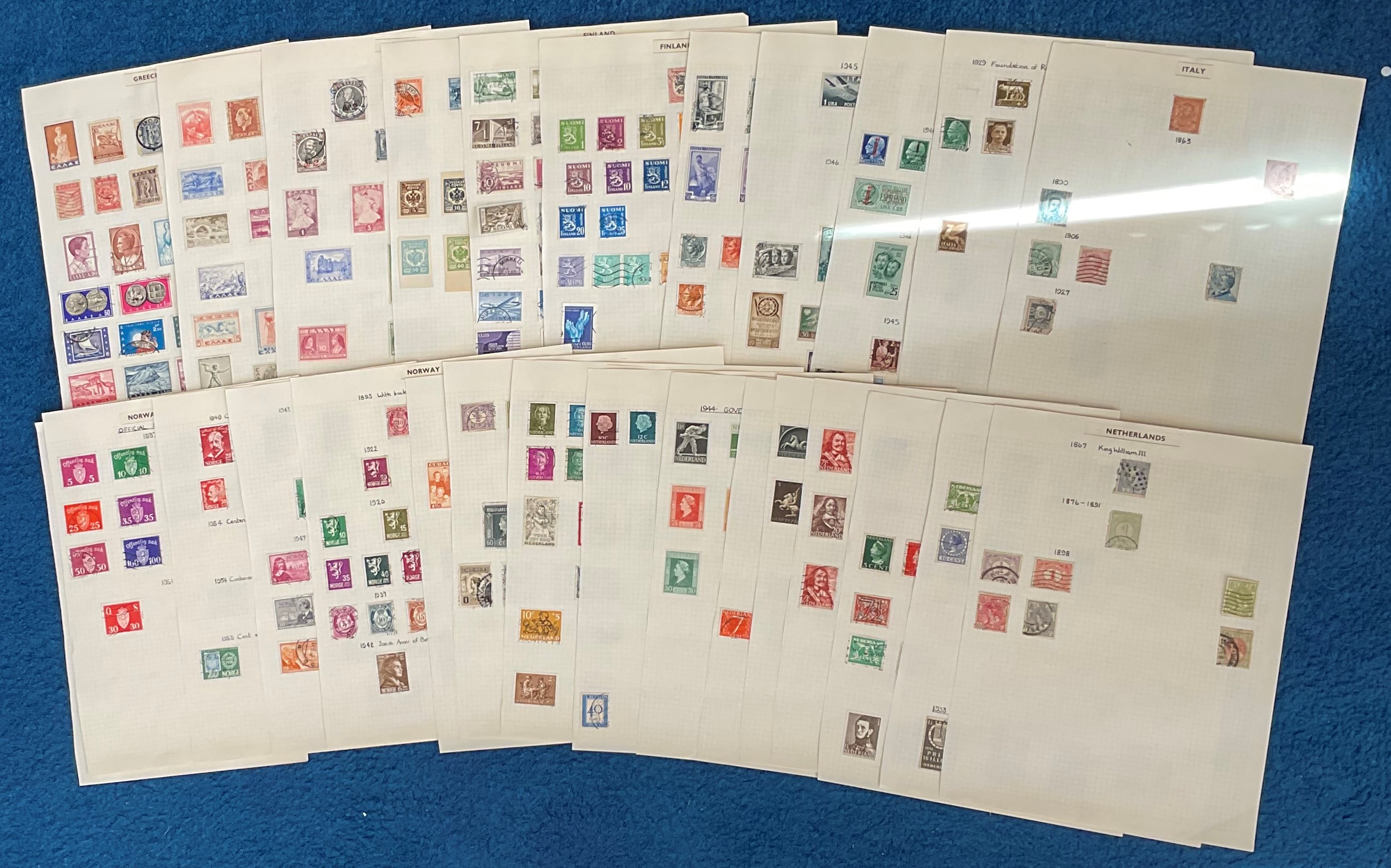 Worldwide stamp collection on 29 loose pages. Includes Greece, Italy, Finland Netherlands, Norway