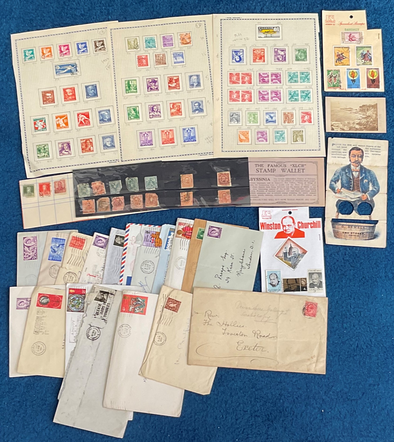 Assorted collection. Mainly Swiss stamps. Also includes postcards and covers. Good condition. We