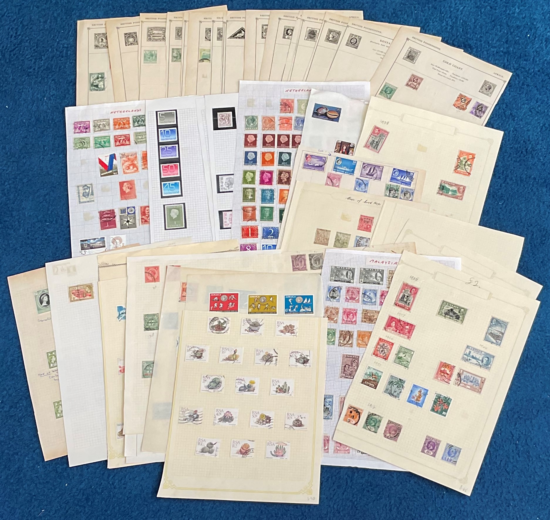 BCW stamp collection over 46 loose album pages. Includes Jamaica, South Africa, Gibraltar, KUT,