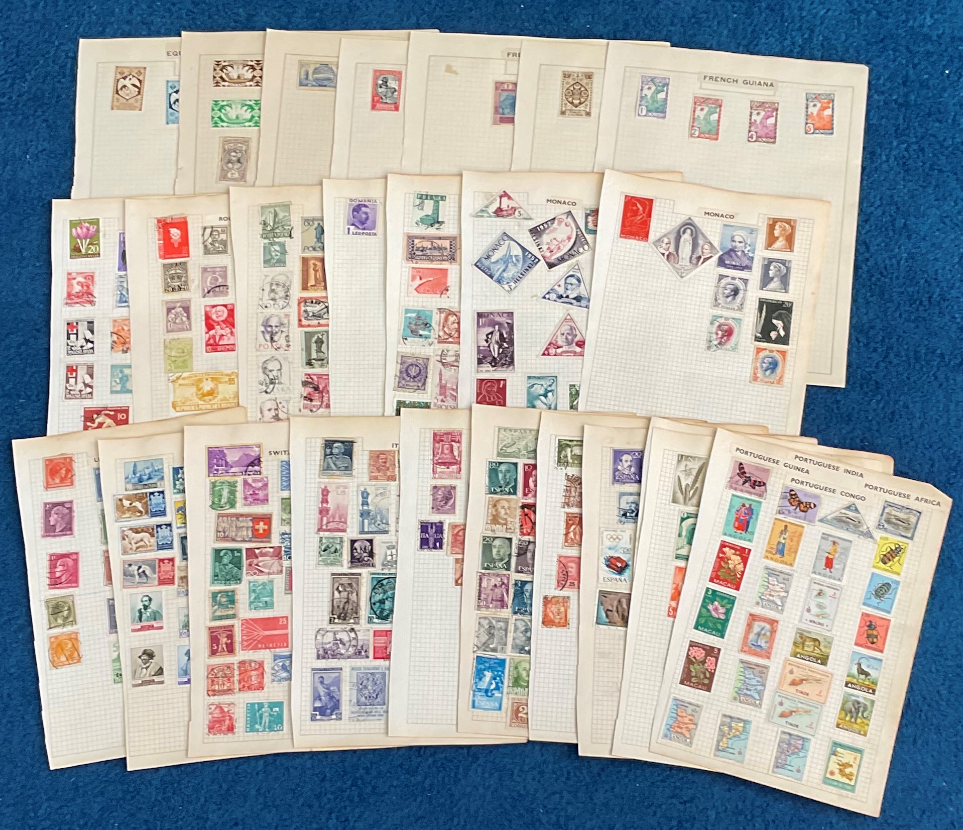 European stamp collection over 25 loose pages. Includes Netherlands, Yugoslavia, Poland, Luxembourg,