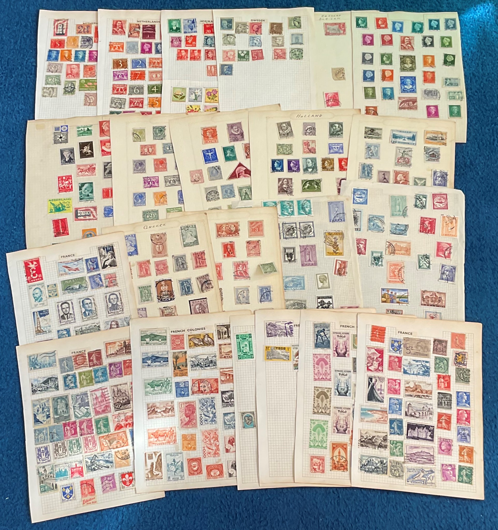 European stamp collection on loose album pages. Good condition. We combine postage on multiple