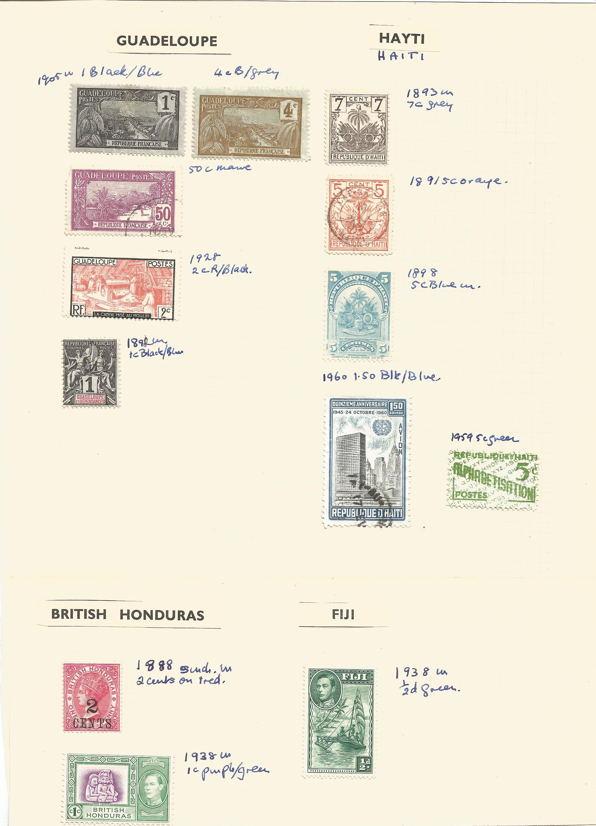 Guadeloupe, Haiti, British Honduras, Fiji, Cayman Islands, stamps on loose sheets, approx. 15.