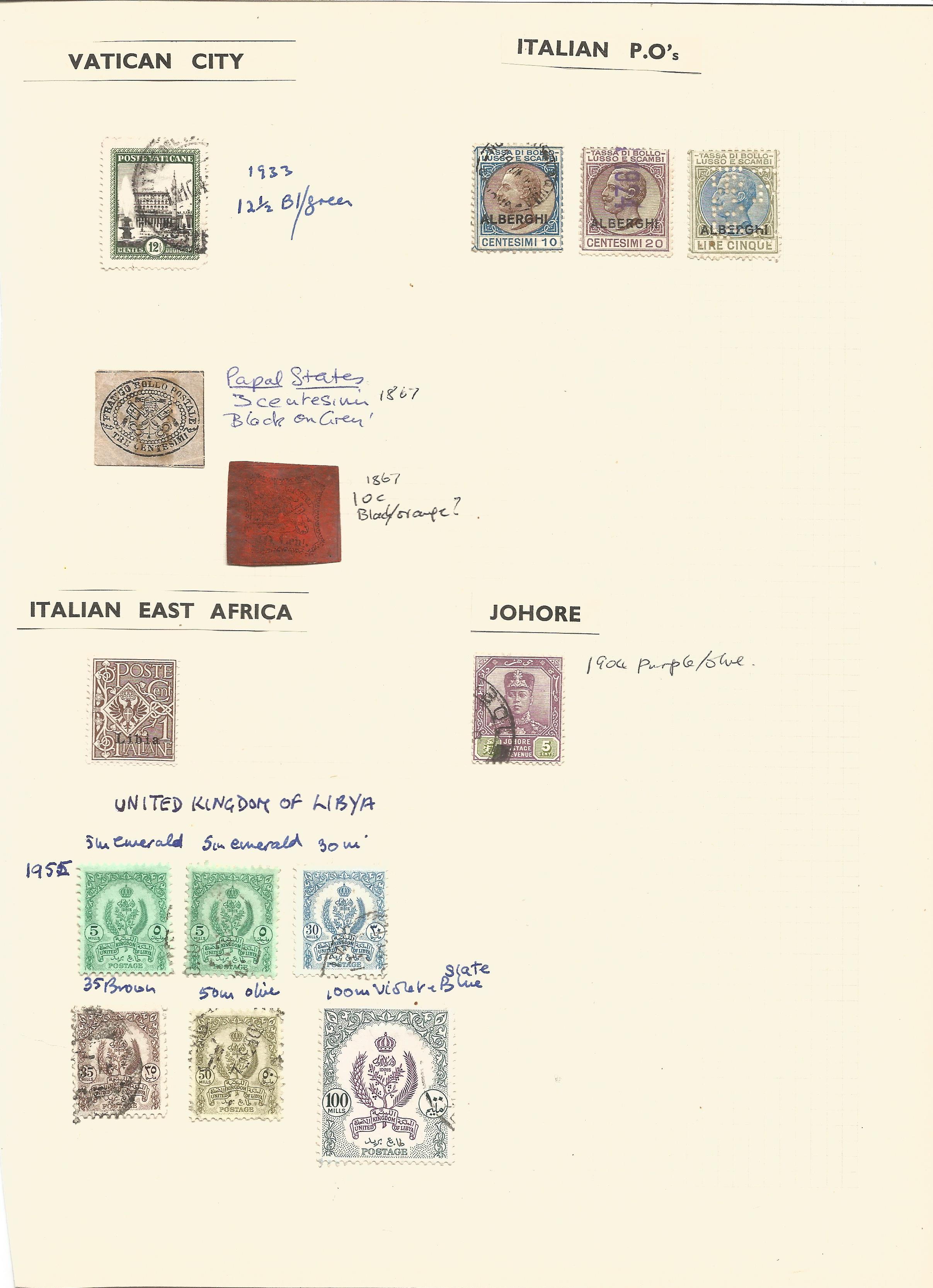 Vatican City, Italian East Africa, Libya, Johore, stamps on loose sheet, approx. 10. Good condition.