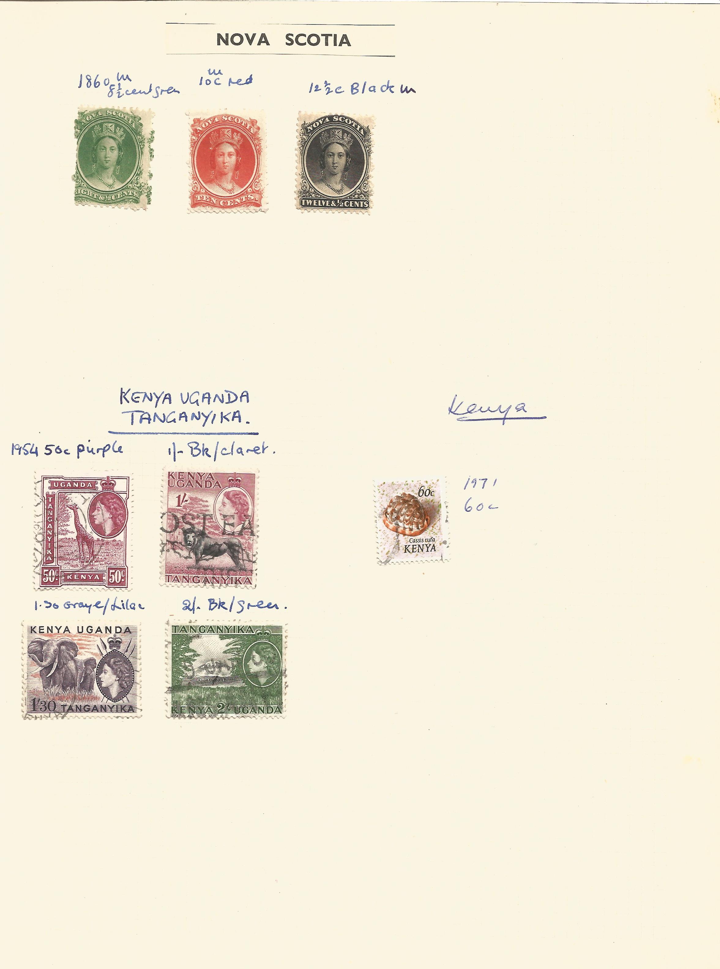 Nova Scotia, Kenya Uganda Tanganyika, Kenya, stamps on loose sheet, approx. 8. Good condition. We