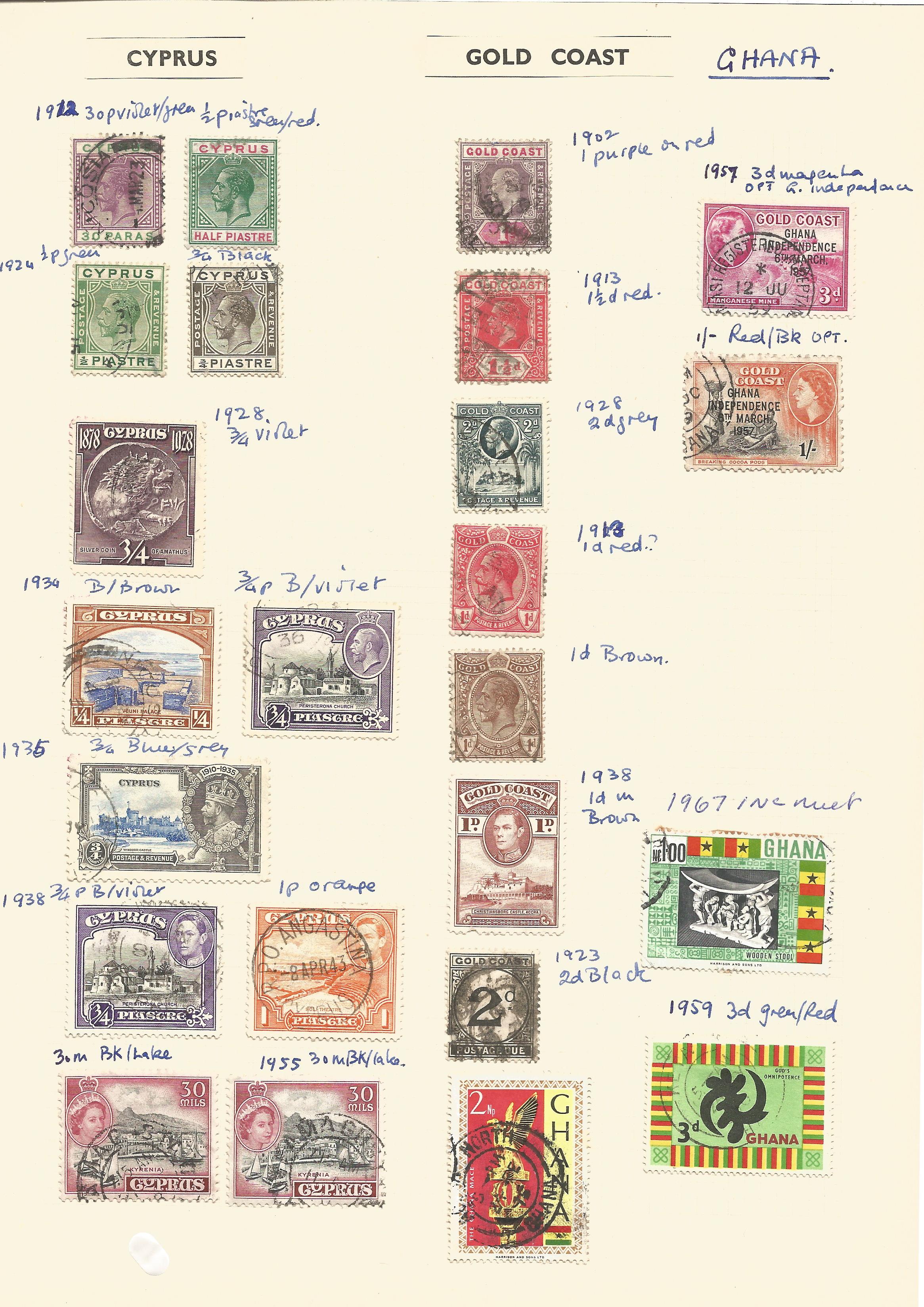 Orange Free State, Queensland, Gold Coast, Cyprus, stamps on loose sheets, approx. 50. Good