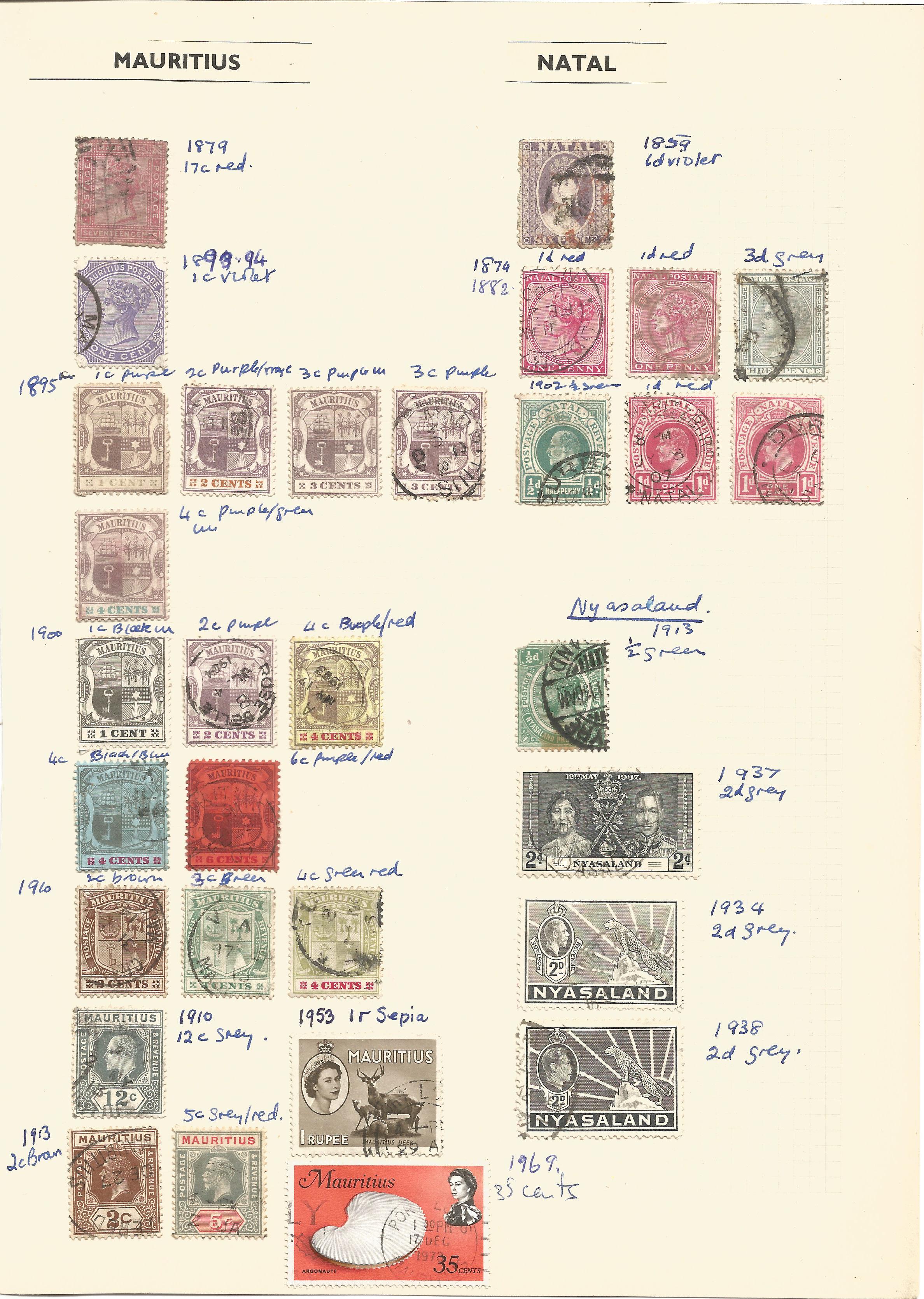 Mauritius, Natal, Nigeria, North Borneo, Basutoland, stamps on loose sheets, approx. 40. Good