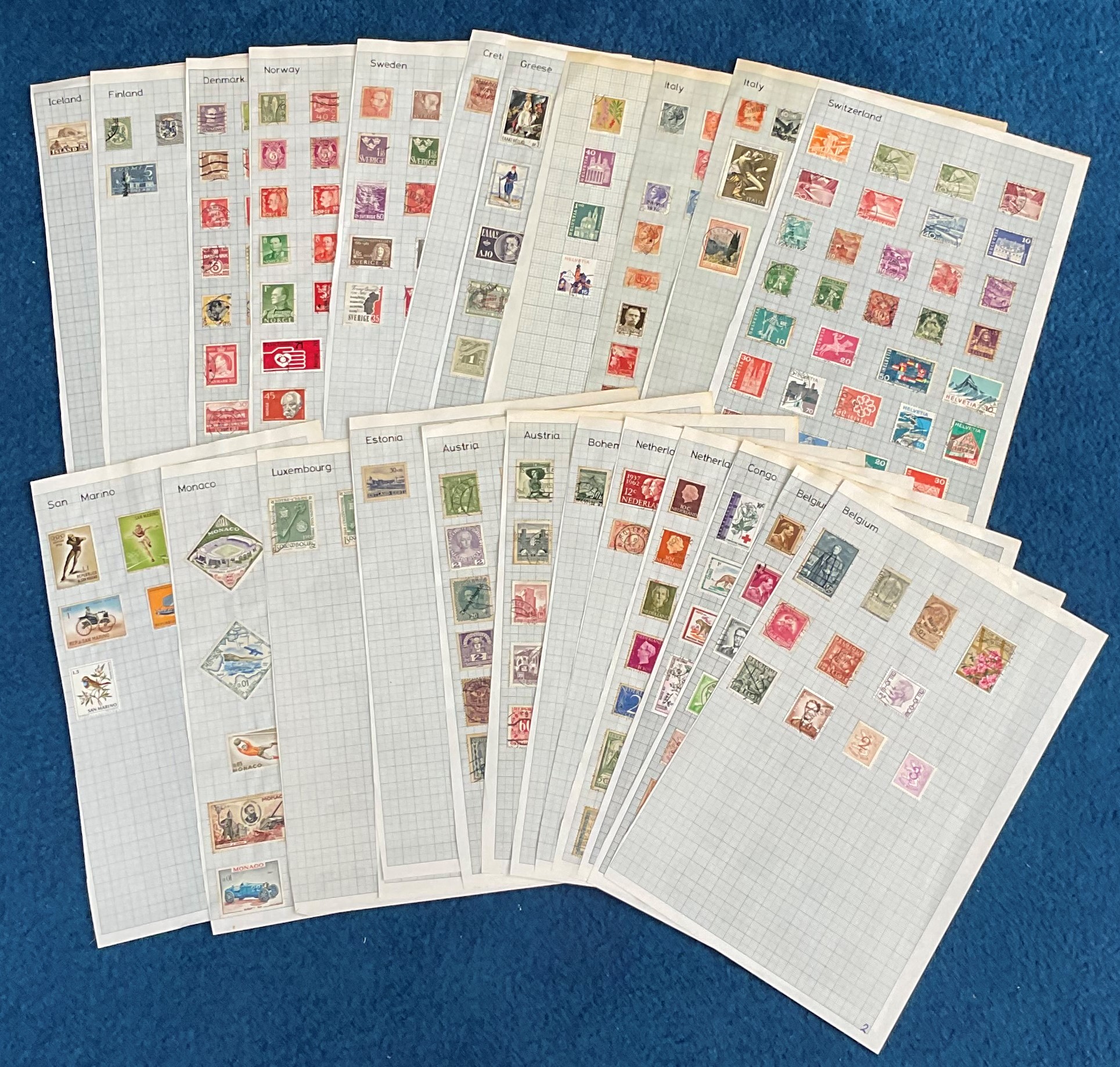 Assorted stamp collection over 24 loose pages. Includes Italy, Switzerland, Greece, Crete,