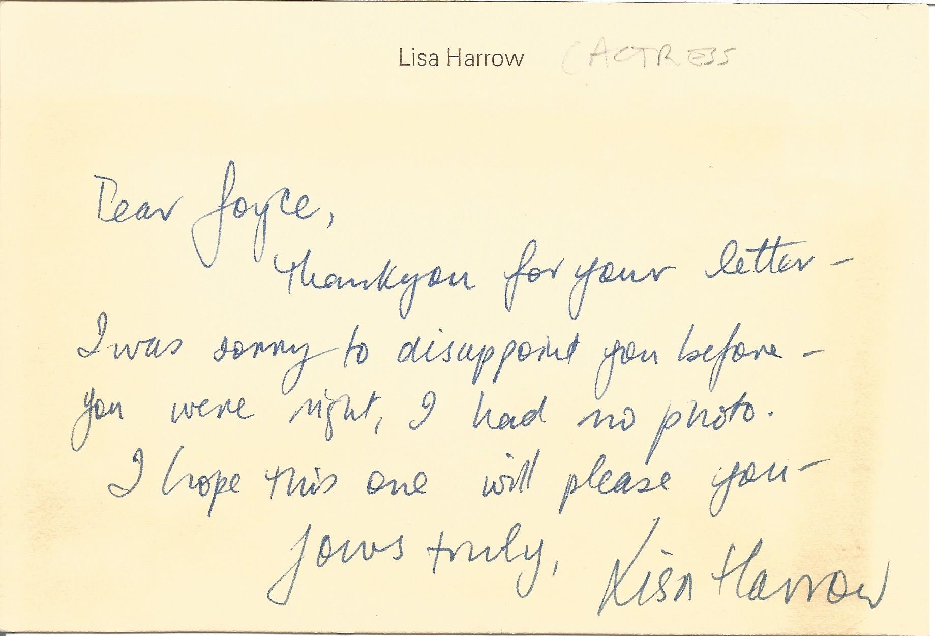 Actress Lisa Harrow, handwritten postcard apologising for being unable to send a signed