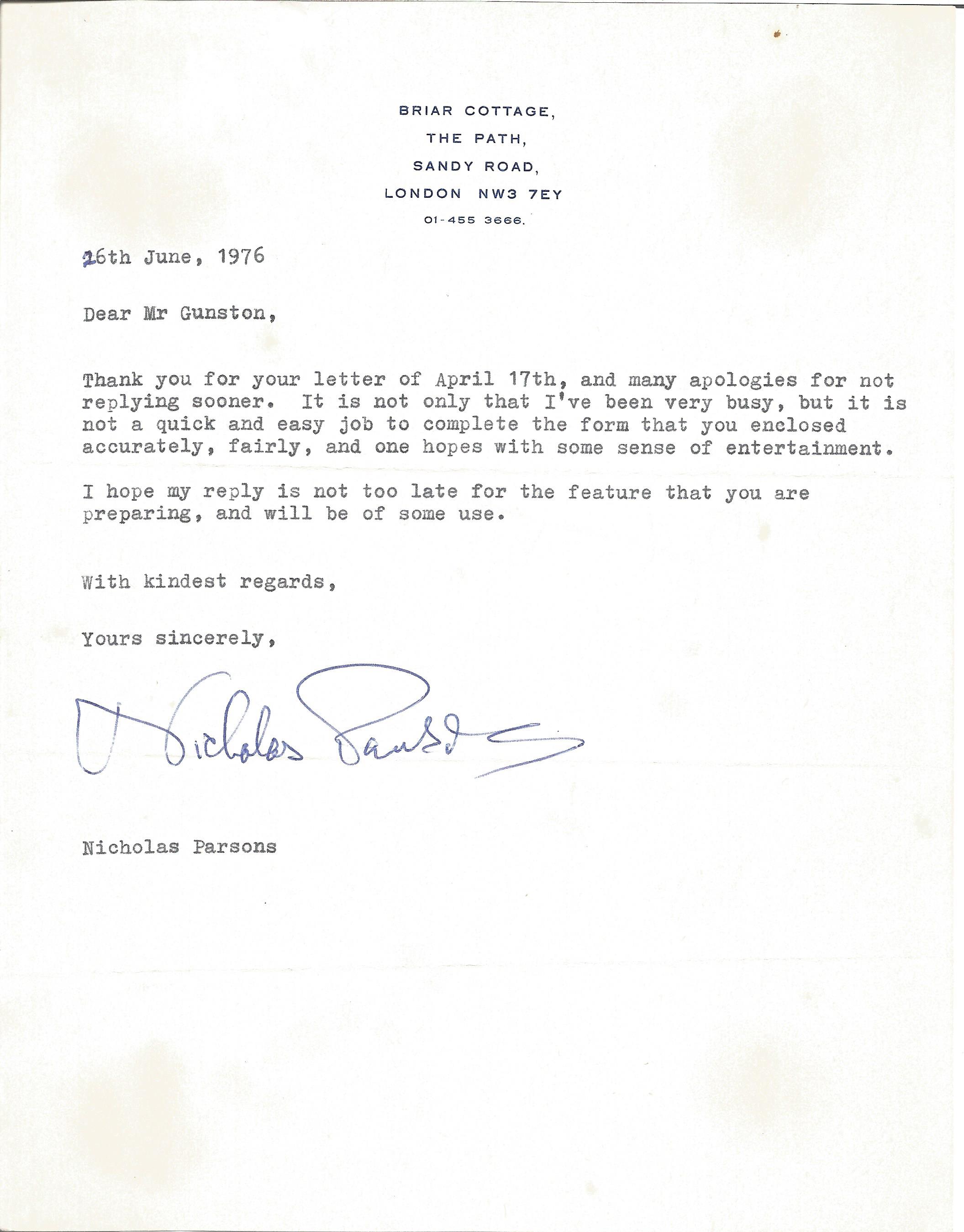 Nicholas Parsons signed letter enclosing the answers to a questionnaire he was sent not present.