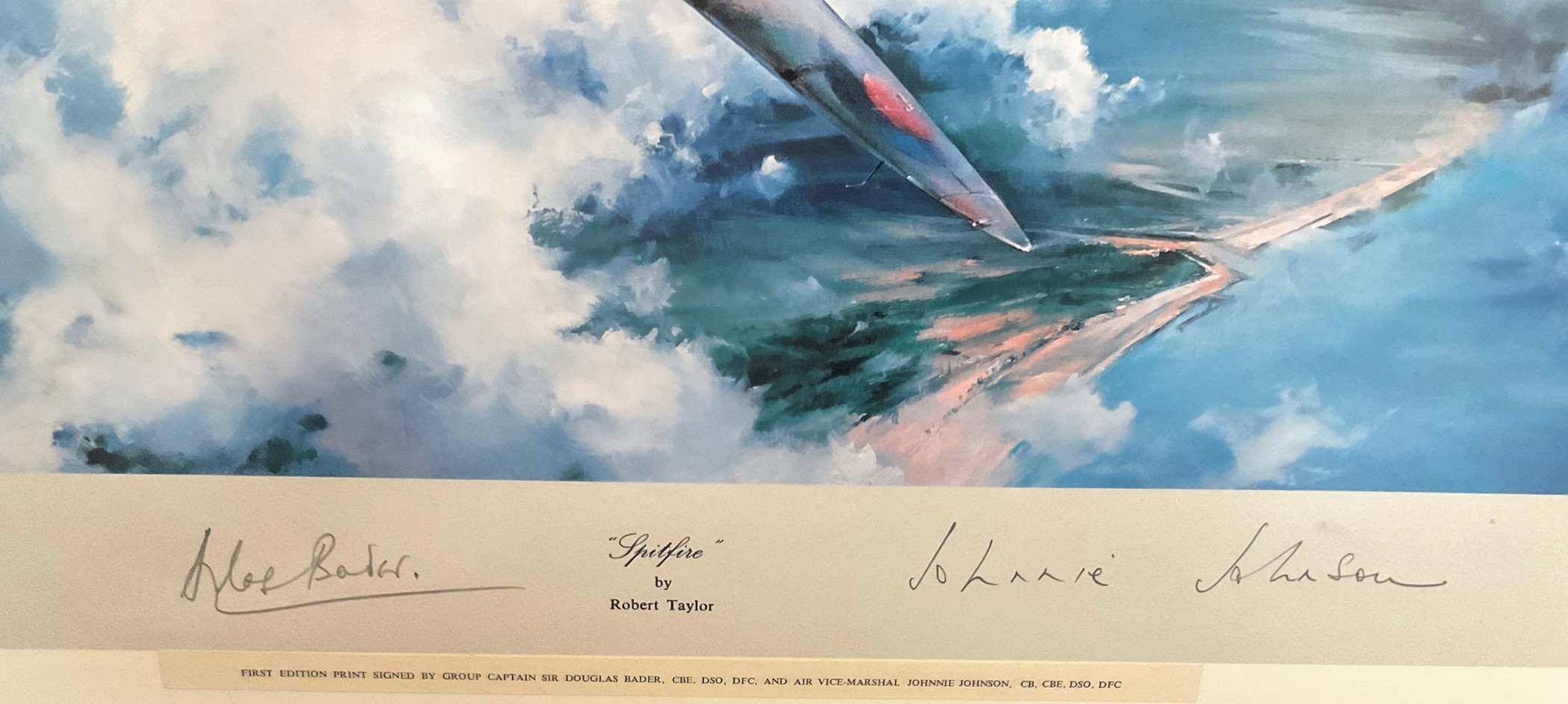 World War II Grp Cpt Douglas Bader and AVM Johnnie Johnson signed Robert Taylor 26x23 mounted and - Image 2 of 2