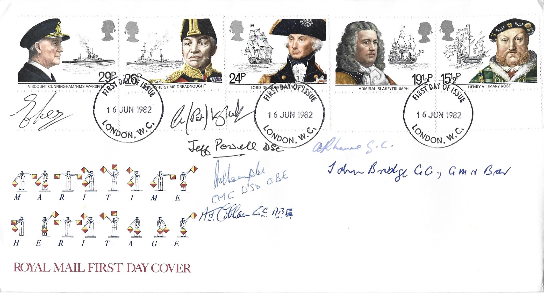 1982 Royal Mail Cover Maritime Heritage. Signed by 7 veterans from WW2 Navy Action. Dated 16 Jun