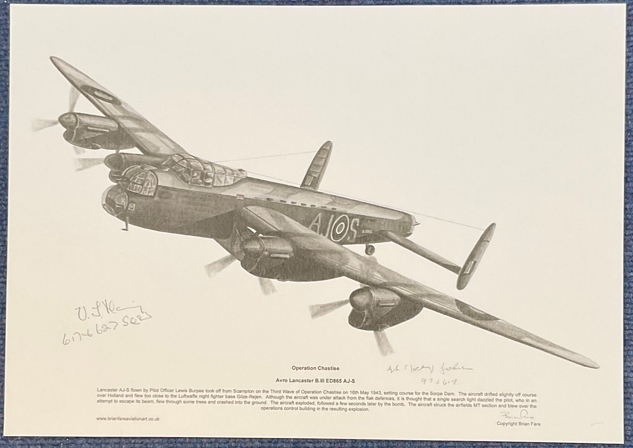 WW2 Wg Cmdr Johnny Johnson and one other Signed Brian Fare pencil drawn Print Titled Operation