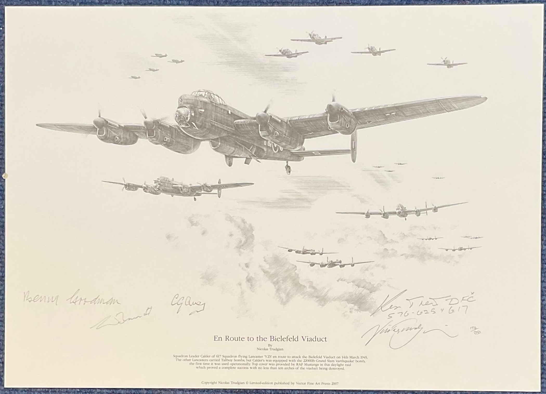 WW2 617 Squadron Multi Signed Nicolas Trudgian Printed pencil drawing Titled En Route To The