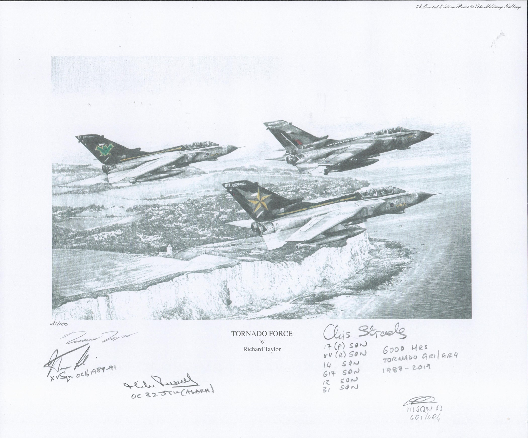 Aviation. Richard Taylor Pencil Drawn Print Titled Tornado Force 13x11 in size MULTI SIGNED by