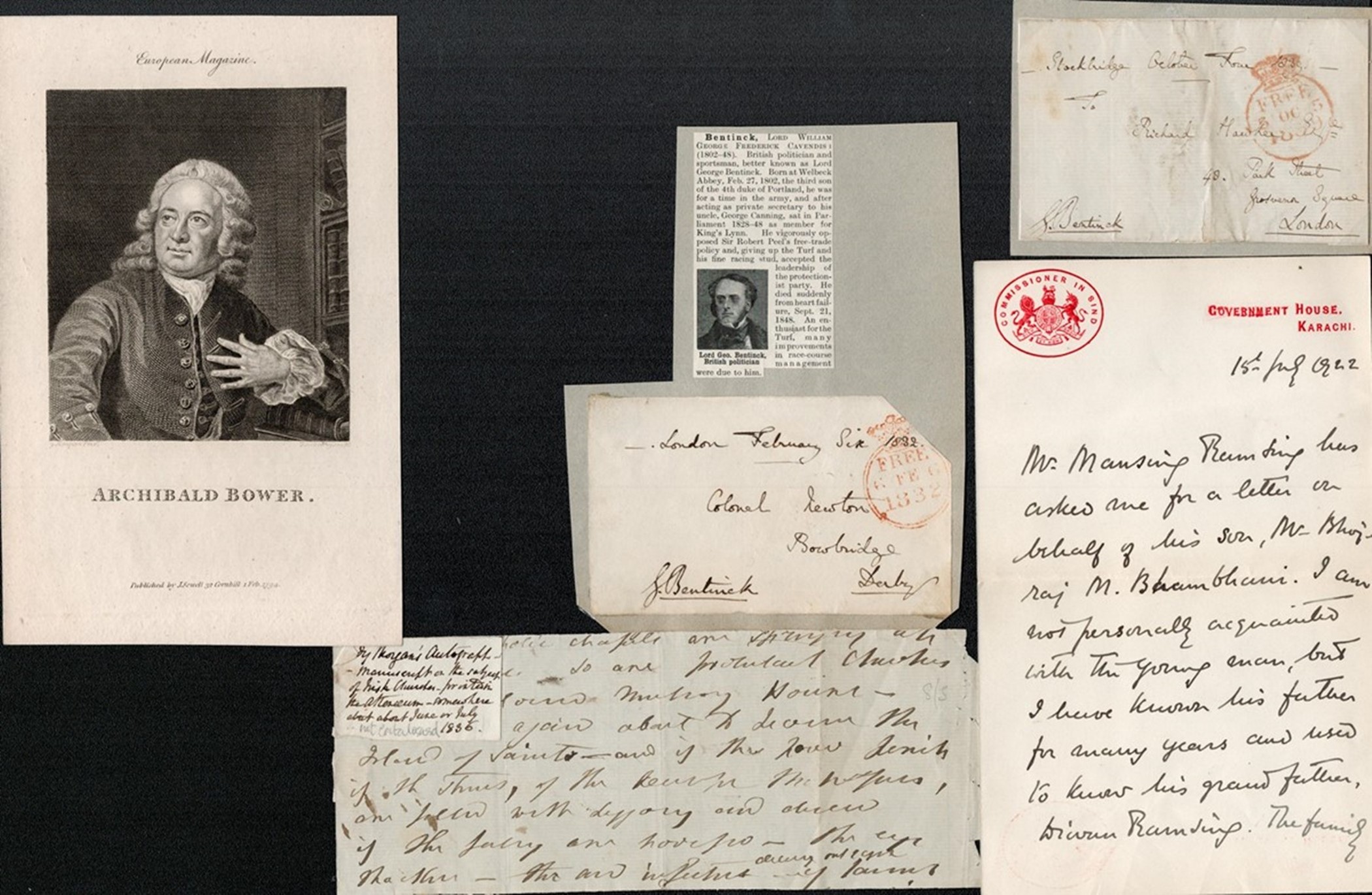 Collection of Ephemera signed Victorian letters Queen Anne Bullen and Archibald Bower. Good