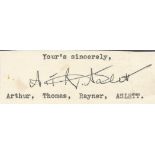 WW2 Sgt A T R Aslett Battle of Britain Pilot Handsigned signature card, with printed name. Good