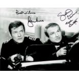James Bond Roger Moore and Shane Rimmer signed 10 x 8 inch b/w photo.