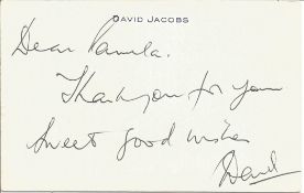 David Jacobs ALS white headed card. Jacobs was a British broadcaster perhaps best known as presenter