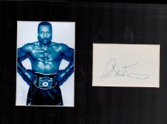 Boxing, Pinklon Thomas signature piece featuring a black and white photo and a signed card, well