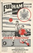 Football Fulham v Arsenal vintage programme Football League Division 1 31st March 1961. Good