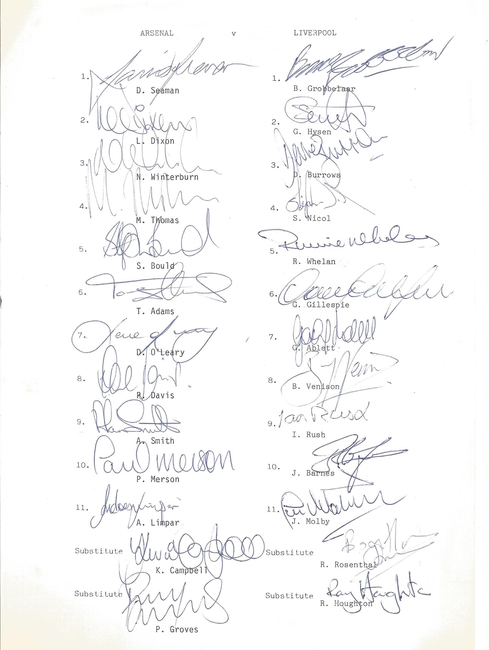 Football multi signed Arsenal v Liverpool A4 team sheet 26 fantastic signatures includes great names