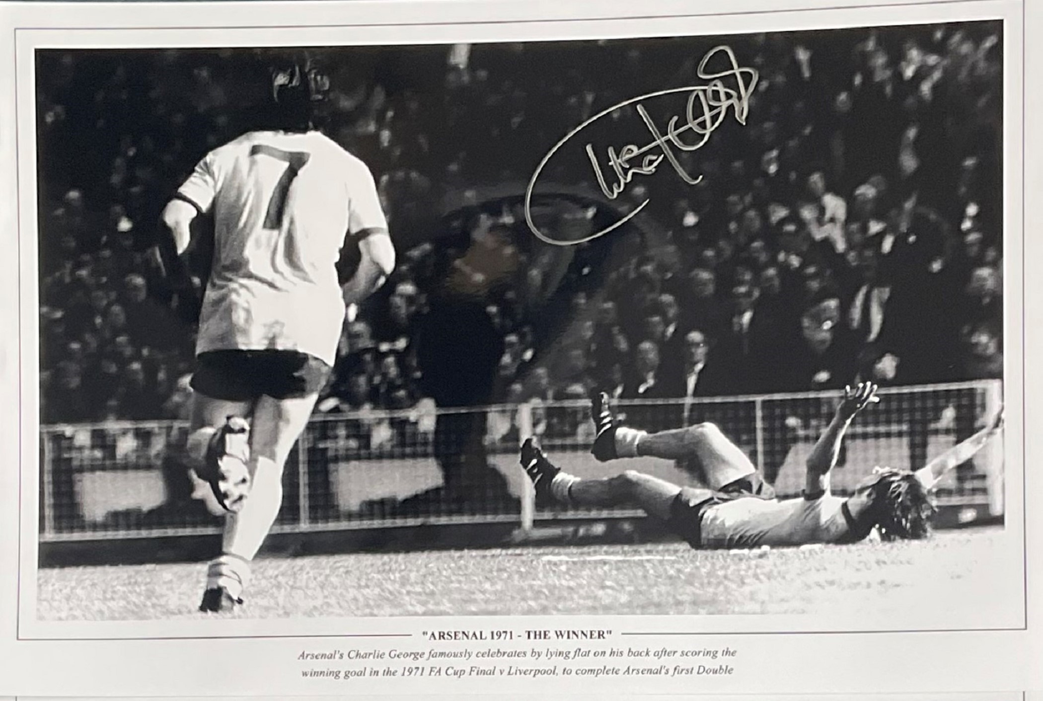 Charlie George signed 16x12 black and white print Arsenal 1971 The Winner. Arsenal Charlie George