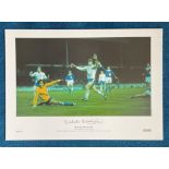 Malcom Macdonald signed 22x16 colour print 1975 European Championship pictured scoring one of his