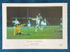 Malcom Macdonald signed 22x16 colour print 1975 European Championship pictured scoring one of his