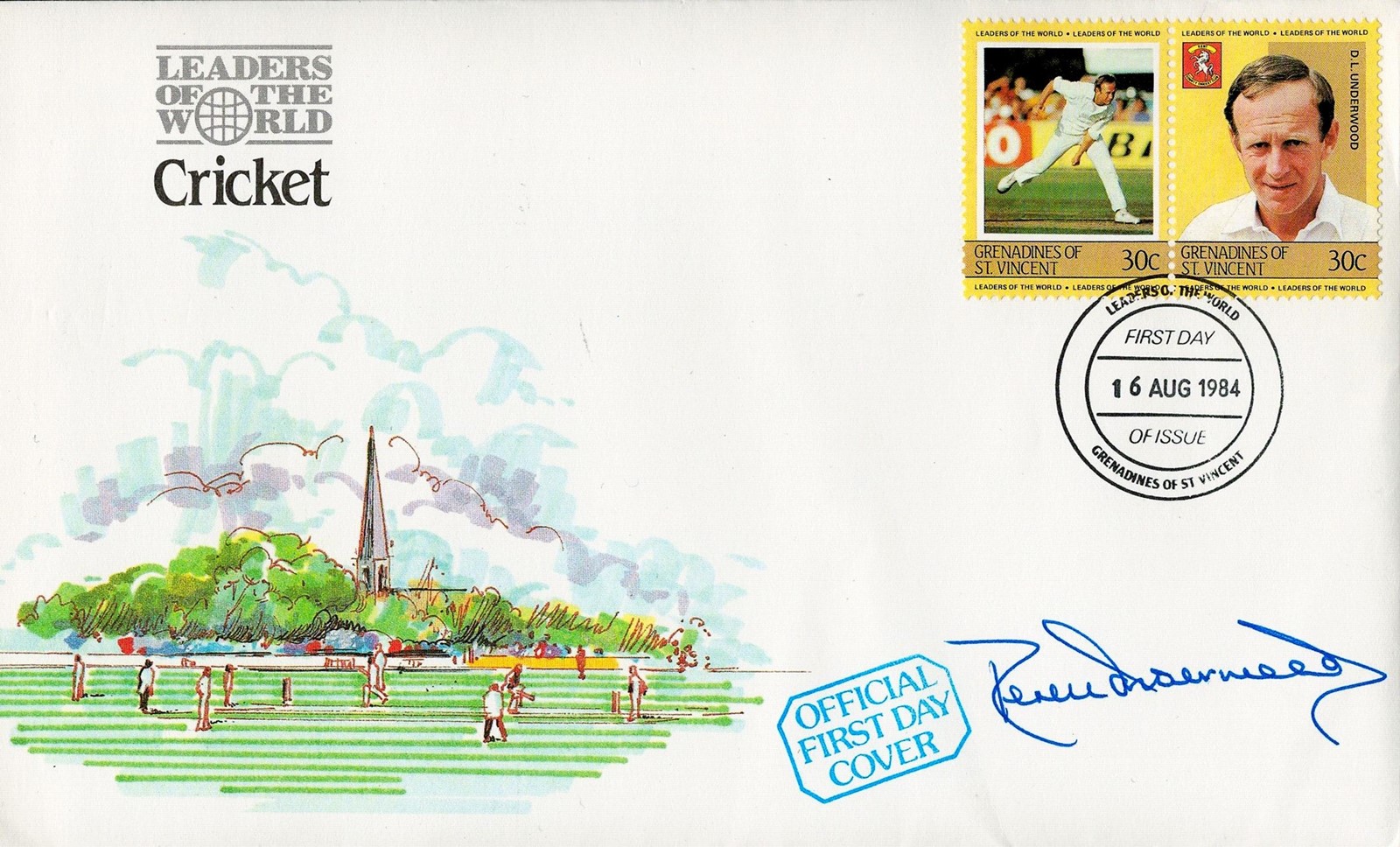 Cricket Derek Underwood signed Leaders of the World Cricket FDC PM Grenadines of St Vincent 16 Aug