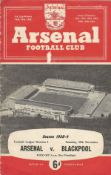 Football Arsenal v Blackpool vintage programme Football League Division 1 29th November 1958. Good