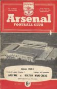 Football Arsenal v Bolton Wanderers vintage programme League Division 1 9th September 1958. Good