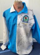 Football Blackburn Rovers multi signed replica home shirt over 20 signature from Ewood park legends.